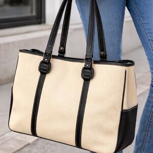Salvatore Ferragamo Canvas & Leather Tote | Beige Black Shoulder Bag | Italy
